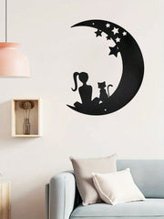 1 Pc Beautiful Girl With A Kitten Sitting On The Stars And The Moon Metal Wall Decoration: Gorgeous Interior Decoration, Creating A Sense Of Family Happiness, Suitable For Various Spaces Such As Halls And Bedrooms, Suitable For Various Festivals