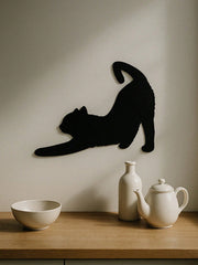 1 Pc Enchanting Metal Wall Panel of Stretching Cat | Exquisite Cat Silhouette Wall Decoration Sticker. This graceful iron art silhouette showcases a fascinating hanging wall art. It adds a touch of charm and playfulness, creating a captivating atmosphere