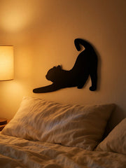 1 Pc Enchanting Metal Wall Panel of Stretching Cat | Exquisite Cat Silhouette Wall Decoration Sticker. This graceful iron art silhouette showcases a fascinating hanging wall art. It adds a touch of charm and playfulness, creating a captivating atmosphere
