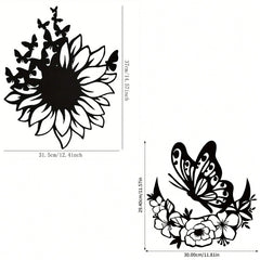 Iron Black Metal Butterfly Wall Art - A Delicate Group Of Butterflies Gathering On Sunflowers. Nature-Inspired Sticker Ideal For Living Room Or Bedroom Decor.