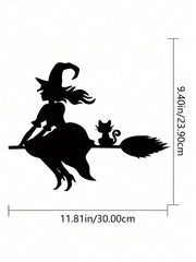 Midnight Witch Wall Art: An intricately crafted iron silhouette of a witch soaring on a broomstick under the moonlight. This Halloween-themed black metal wall ornament features delicate butterfly accents, adding a mystical charm to your space. Perfect as