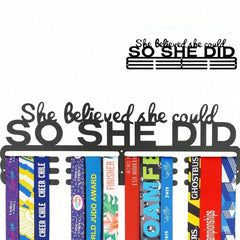 "She Believed She Could So She Did" Medal Display With Bonus Hook - Award Holder For Cheerleading, Gymnastics, Dance Competition, Soccer, Swimming Trophies And Ribbons - Sports Medal Organizer For Girls Room Decor