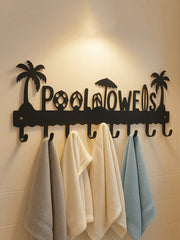 Pool Towel Rack Metal Towel Hook Wall-Mounted Towel Rack Beach Towel Hook Rack Summer Pool Towel Rack With 8 Storage Hooks For Bath Towels, Robes, Swimsuits, Jackets, Bags, Phones, Keys Black