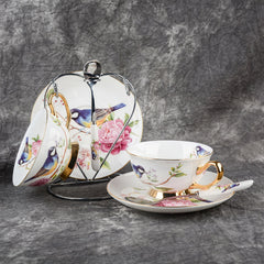 Pastoral Flower Bird Bone China Tea Cup Saucer Spoon Set 200ml British Cafe Porcelain Coffee Cup Advanced Ceramic Teacup