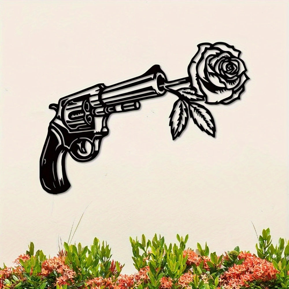 CIFbuy™ Stunning Iron Artfully Crafted Rose & Revolver Metal Wall Sign - Geometric-Cut Sculptures for Bedroom, Perfect for Year-Round & Christmas Home Decor, Unique Beauty Blend - Wall Sculptures.