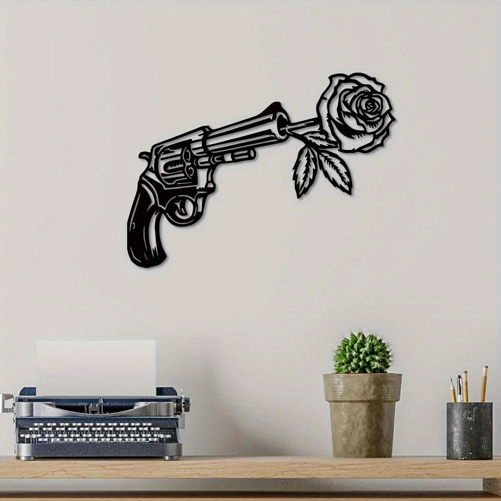 CIFbuy™ Stunning Iron Artfully Crafted Rose & Revolver Metal Wall Sign - Geometric-Cut Sculptures for Bedroom, Perfect for Year-Round & Christmas Home Decor, Unique Beauty Blend - Wall Sculptures.