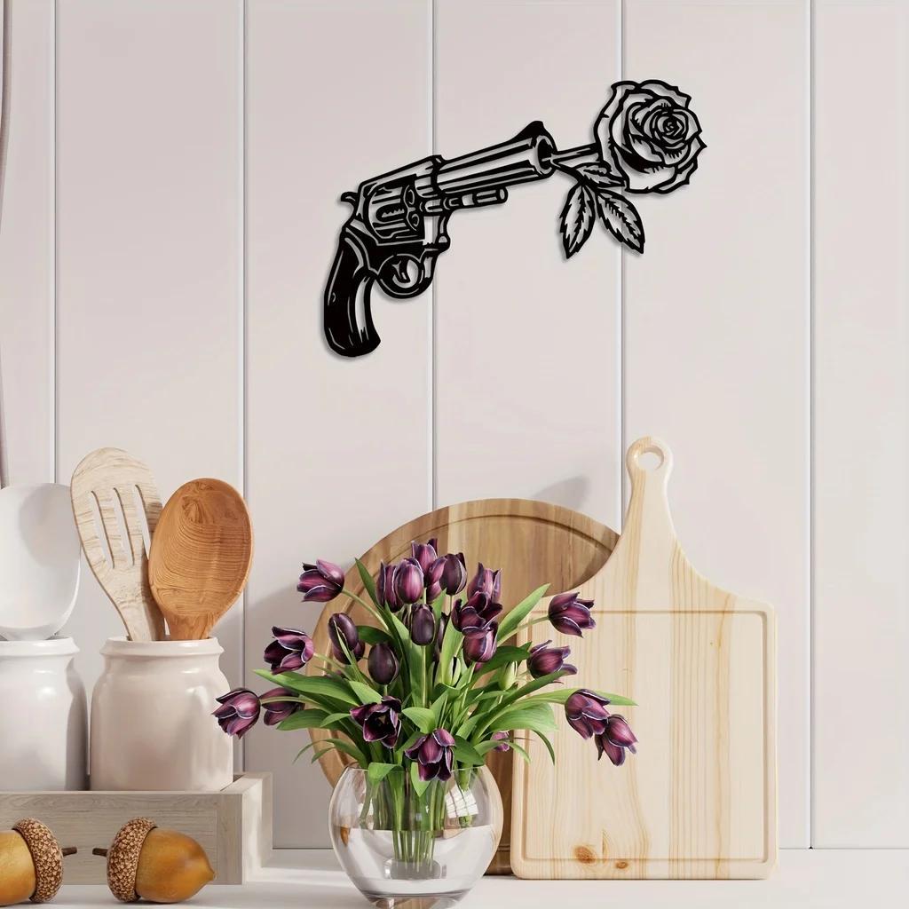 CIFbuy™ Stunning Iron Artfully Crafted Rose & Revolver Metal Wall Sign - Geometric-Cut Sculptures for Bedroom, Perfect for Year-Round & Christmas Home Decor, Unique Beauty Blend - Wall Sculptures.