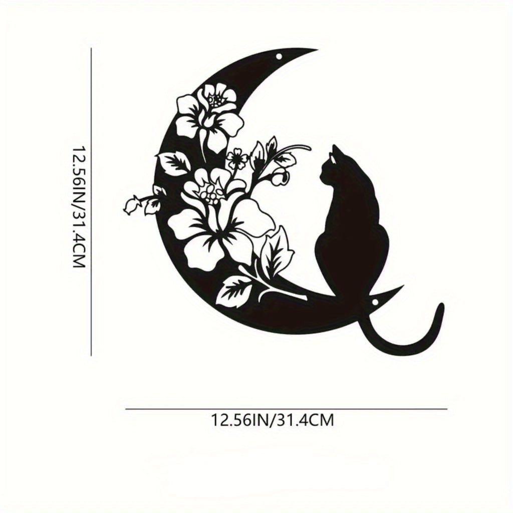 CIFbuy™ Alluring Metal Wall Ornaments - Mystical Black Cat & Celestial Moon with Intricate Moonflower Design, Perfect for Moon-Themed Wall Decor, Elevates Decor to Next Level, Iron Wall Sculptures.