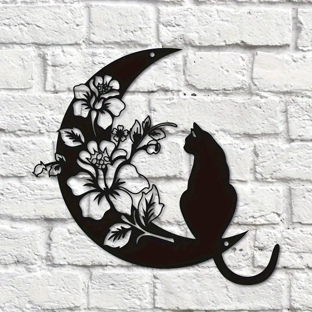 CIFbuy™ Alluring Metal Wall Ornaments - Mystical Black Cat & Celestial Moon with Intricate Moonflower Design, Perfect for Moon-Themed Wall Decor, Elevates Decor to Next Level, Iron Wall Sculptures.