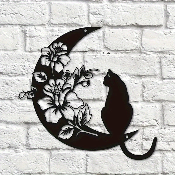 CIFbuy™ Alluring Metal Wall Ornaments - Mystical Black Cat & Celestial Moon with Intricate Moonflower Design, Perfect for Moon-Themed Wall Decor, Elevates Decor to Next Level, Iron Wall Sculptures.