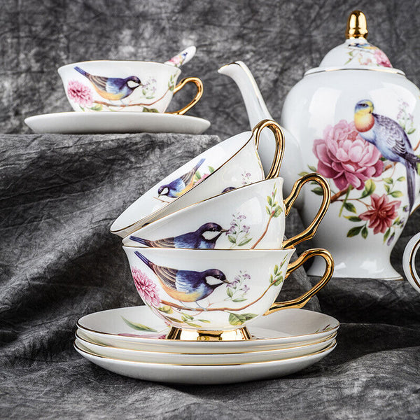 Teacup Tea set Tea Cup Flower Bird Ceramic Tea Cup Saucer Spoon Set Coffee Cup