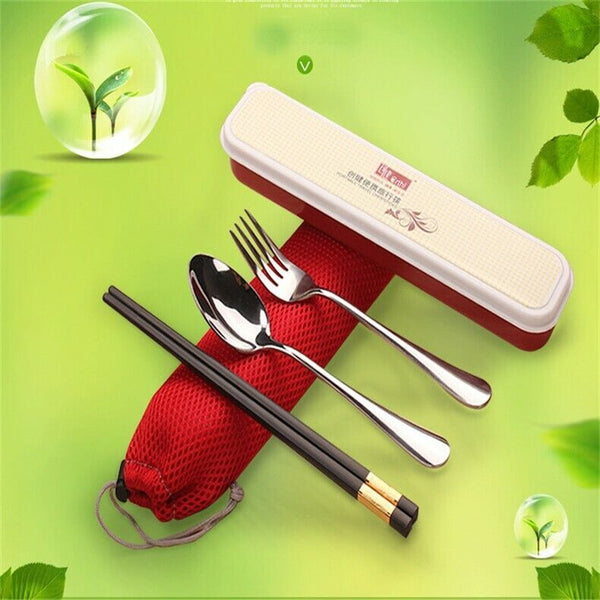 3Pcs Outdoor Portable Stainless Steel Spoon Fork Lunch Dinnerware Tableware Case