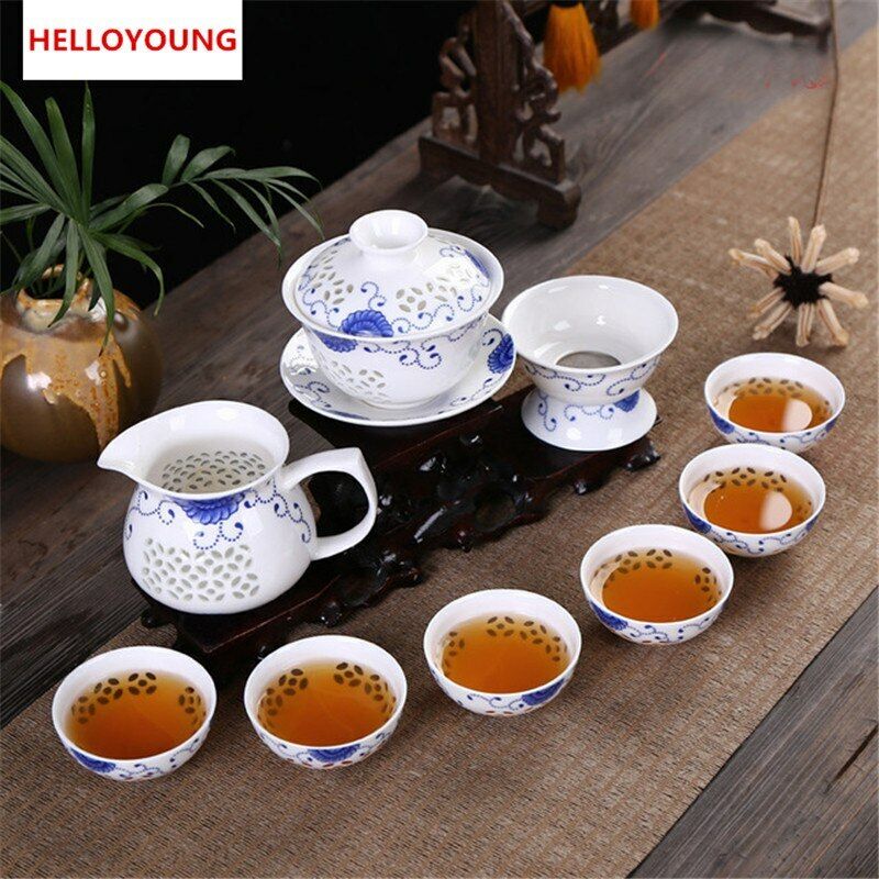 10 Pcs Blue and White Bone Tea Service Ceramic Tea Cup Pot China Kung Fu Tea Set Secondary image