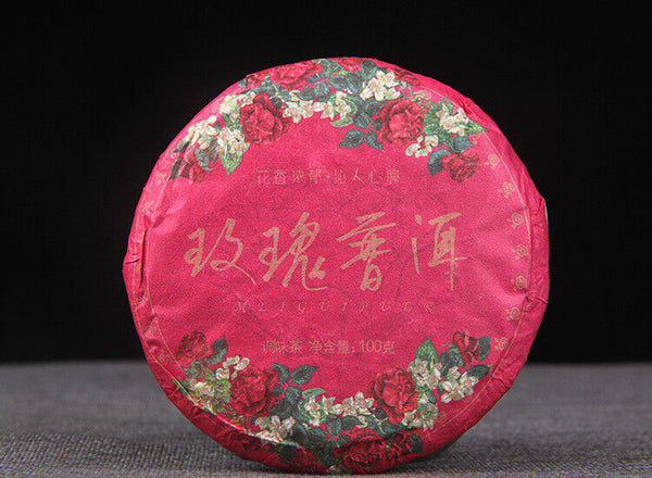 HelloYoung 100g Pu-erh Ripe Tea Rose Ripe Tea Cake 普洱茶熟茶玫瑰花普熟茶饼三级普洱+玫瑰花陈香花香茶饼
