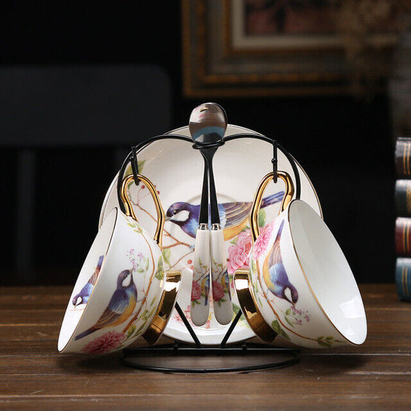 Teacup Tea set Tea Cup Flower Bird Ceramic Tea Cup Saucer Spoon Set Coffee Cup