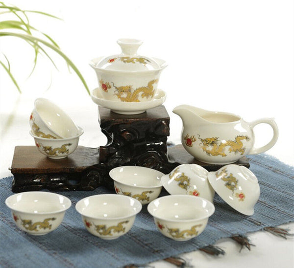 Tea Pot Dragon White Jade Porcelain Ceramic KungFu Tea Set Cup Teapot Sauser Set