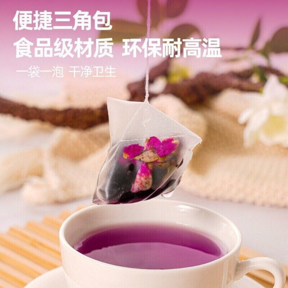 Black Goji Mulberry Rose Tea 50 Count Triangular Bags with Rose Petals