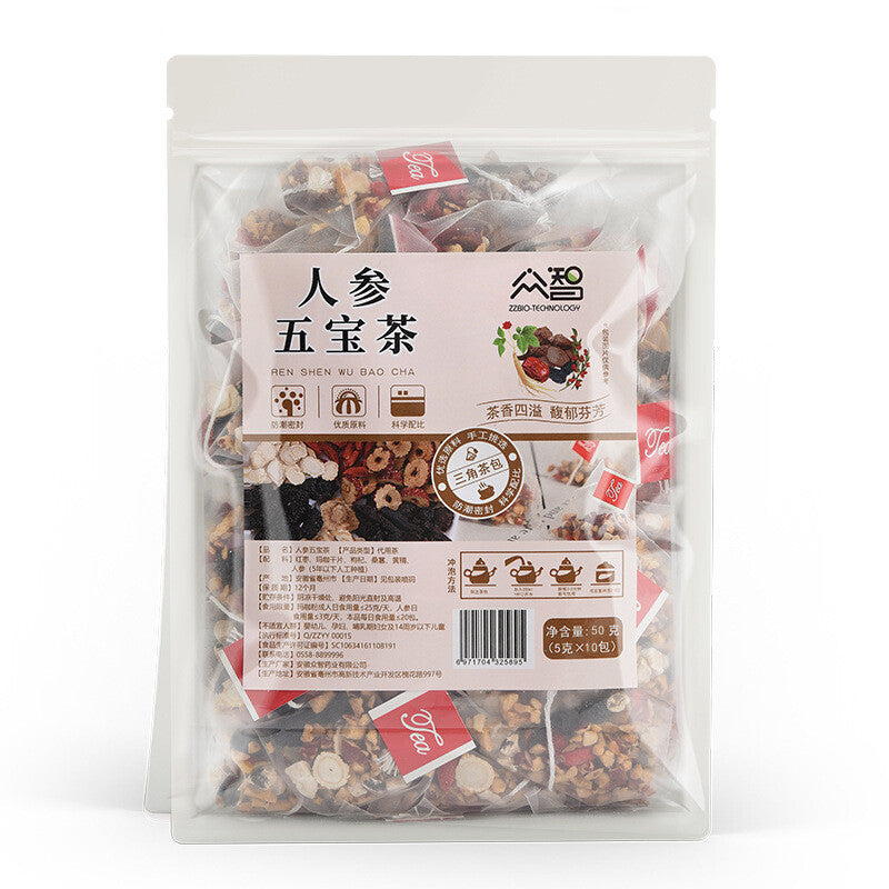 Ginseng Five Treasures Tea, Maca Dried Slices, Mulberry, Goji Berry, Red Dates