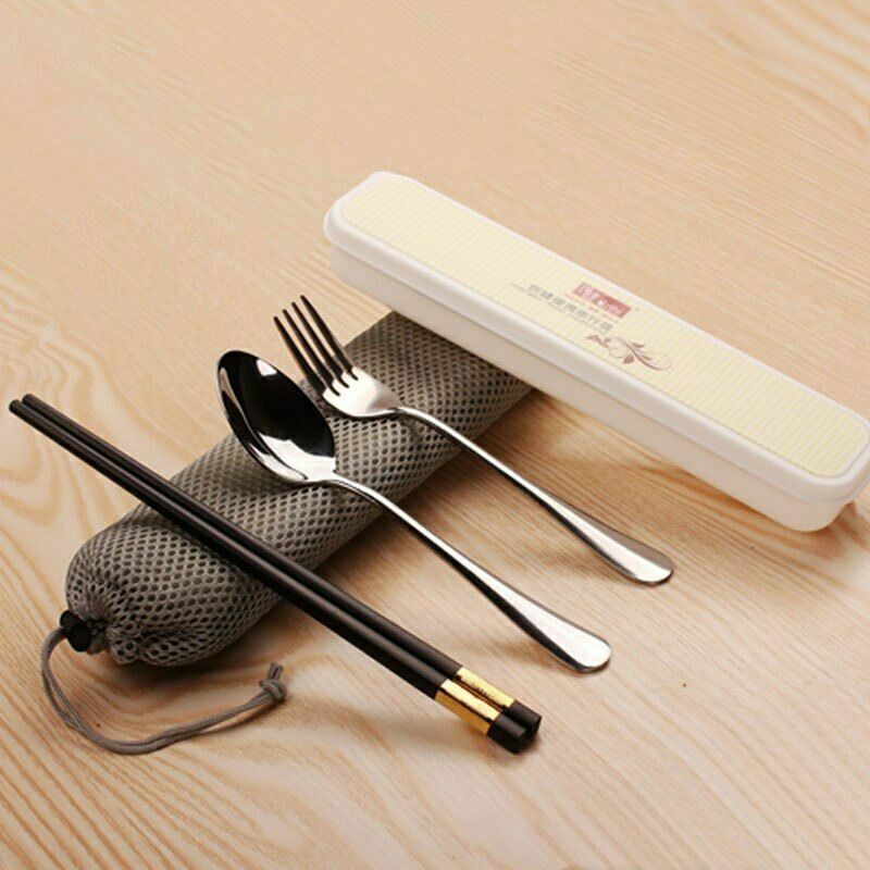 3Pcs Outdoor Portable Stainless Steel Spoon Fork Lunch Dinnerware Tableware Case