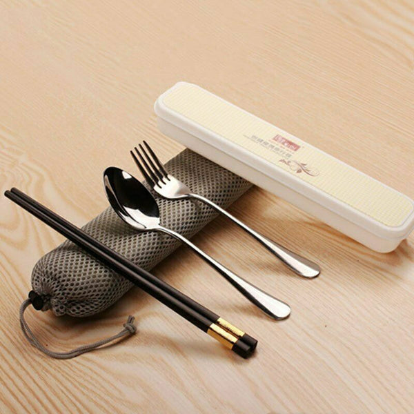 3Pcs Outdoor Portable Stainless Steel Spoon Fork Lunch Dinnerware Tableware Case