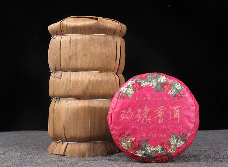 HelloYoung 100g Pu-erh Ripe Tea Rose Ripe Tea Cake 普洱茶熟茶玫瑰花普熟茶饼三级普洱+玫瑰花陈香花香茶饼