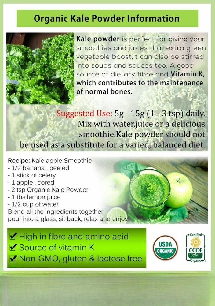 Kale Powder Organic 100% Pure 1.1 lb. Non Gmo Superfood Organic Kale