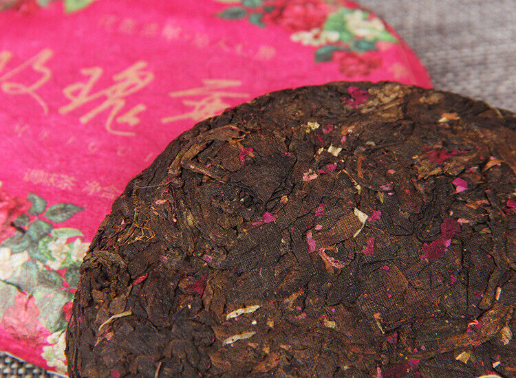 HelloYoung 100g Pu-erh Ripe Tea Rose Ripe Tea Cake 普洱茶熟茶玫瑰花普熟茶饼三级普洱+玫瑰花陈香花香茶饼