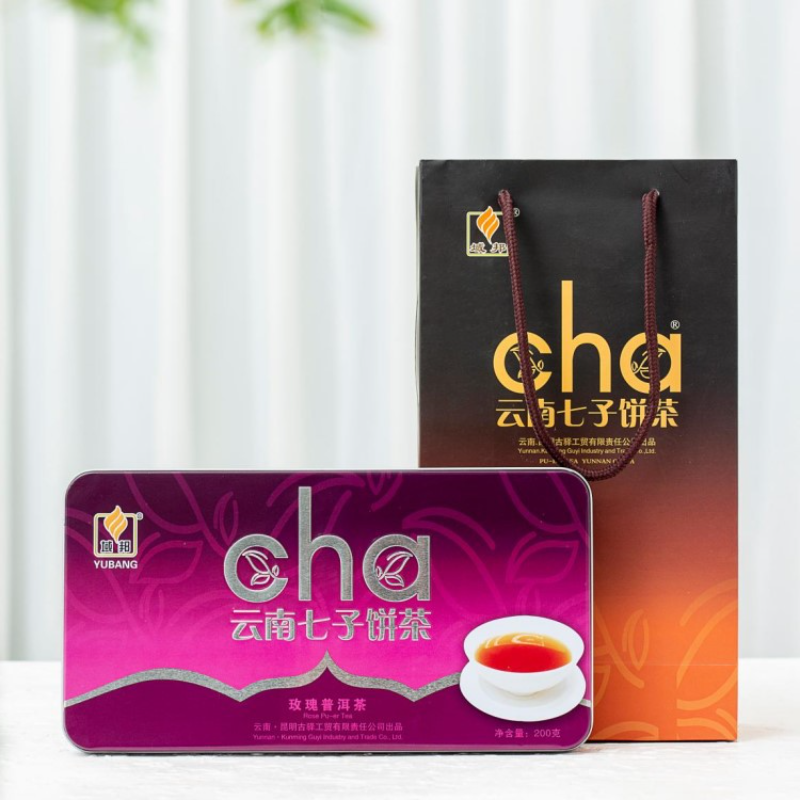 HelloYoung Rose Puerh Tea Iron Box Yunnan Seven Zi Cake Ripe Tea 200g/7.05oz Main image