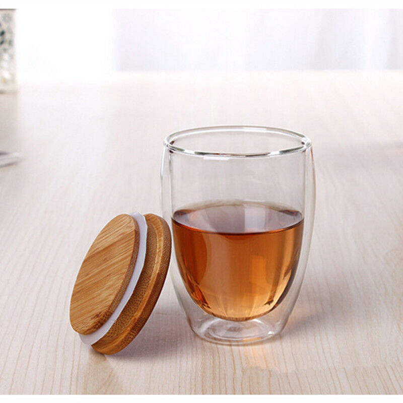 Tea Set Coffee Mugs Tea Cup Double Glass Cup Transparent Heat-resistant Wood Lid