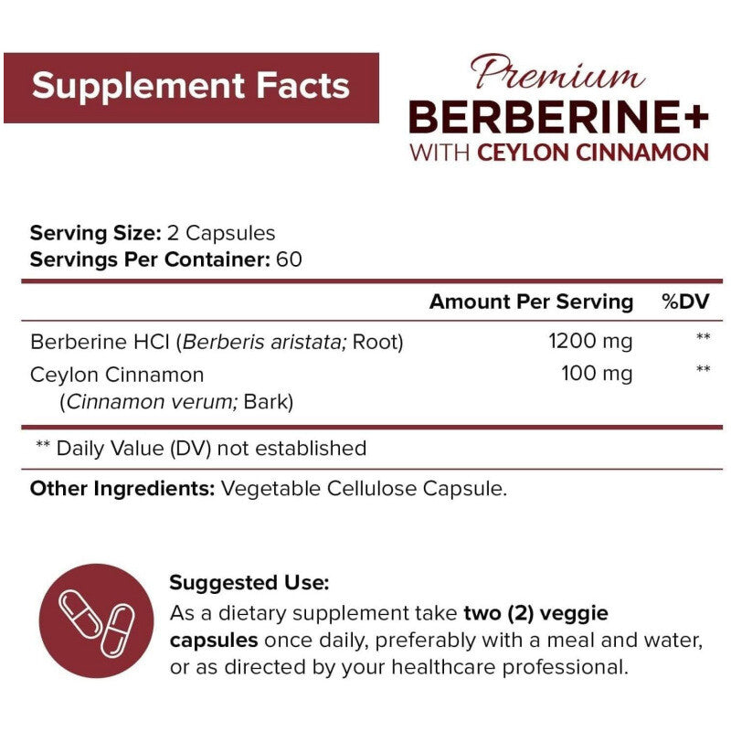 1200mg Berberine Capsules, Natural HCL Extract, Healthy Cholesterol Caps