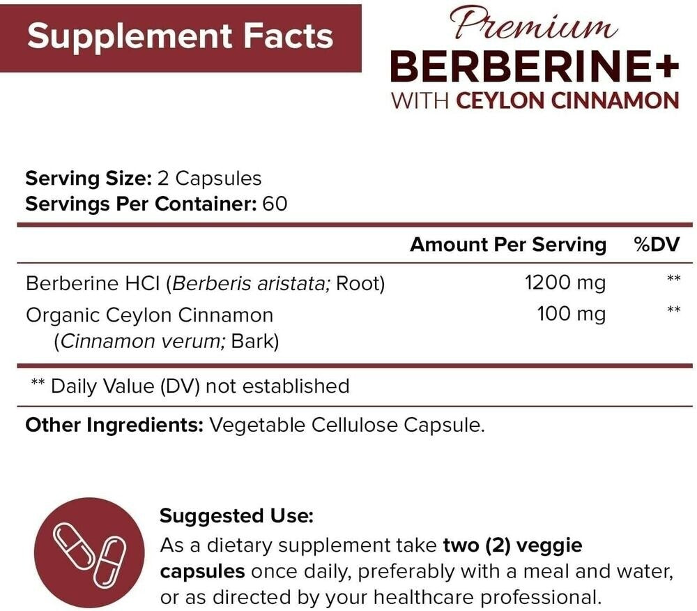 Premium Berberine HCL Pills 1200mg Plus Organic Ceylon Cinnamon - 120 Capsules