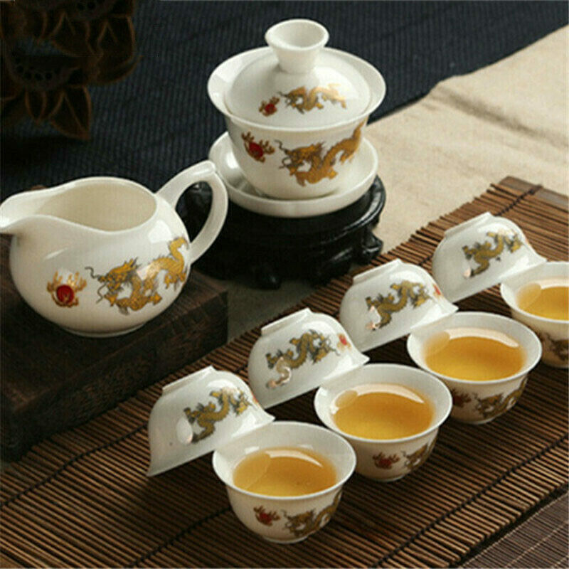 Tea Pot Dragon White Jade Porcelain Ceramic KungFu Tea Set Cup Teapot Sauser Set