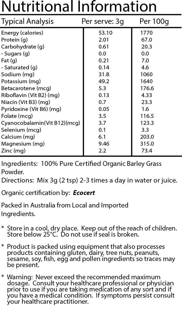 Organic Barley Grass Powder, Certified Organic 1kg, Best Available Quality