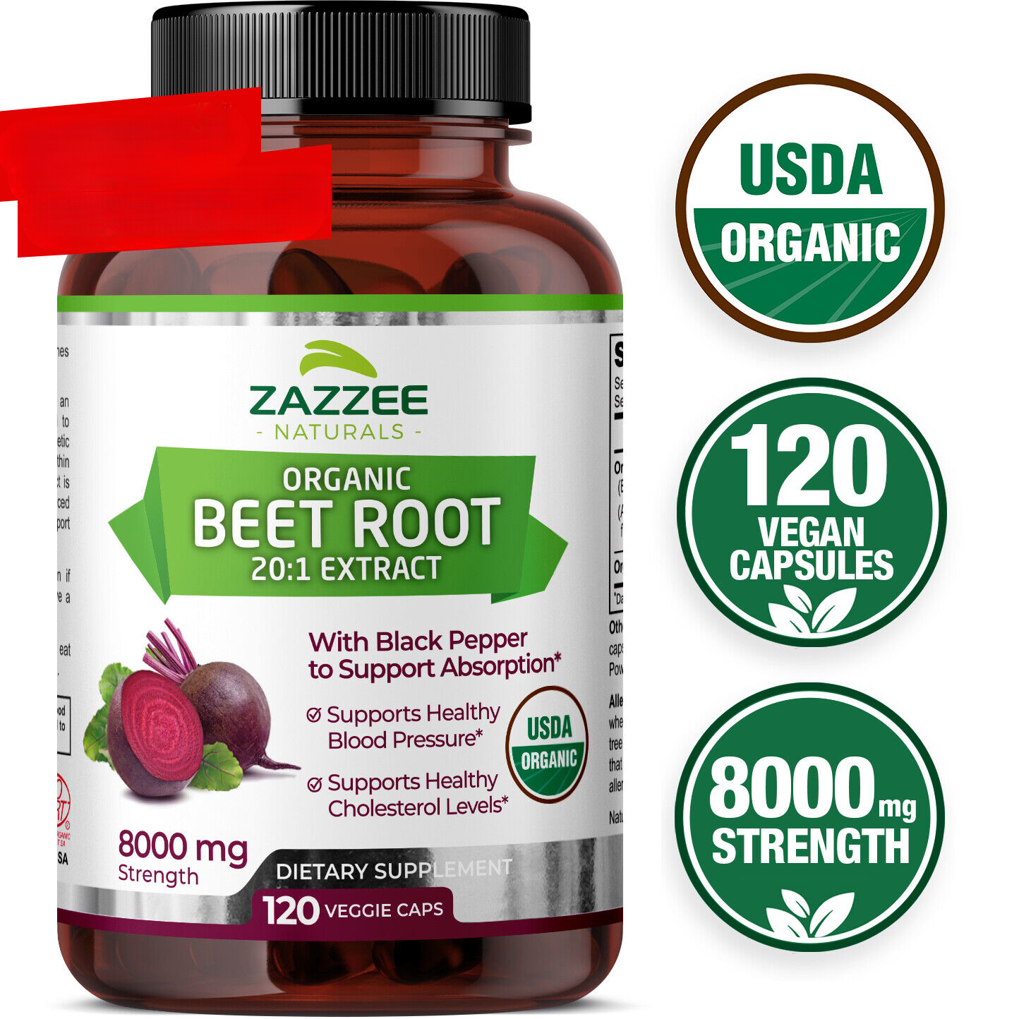 USDA Organic Extra Strength Beet Root 20:1 Extract 8000 mg Strength 120 Capsules Main image