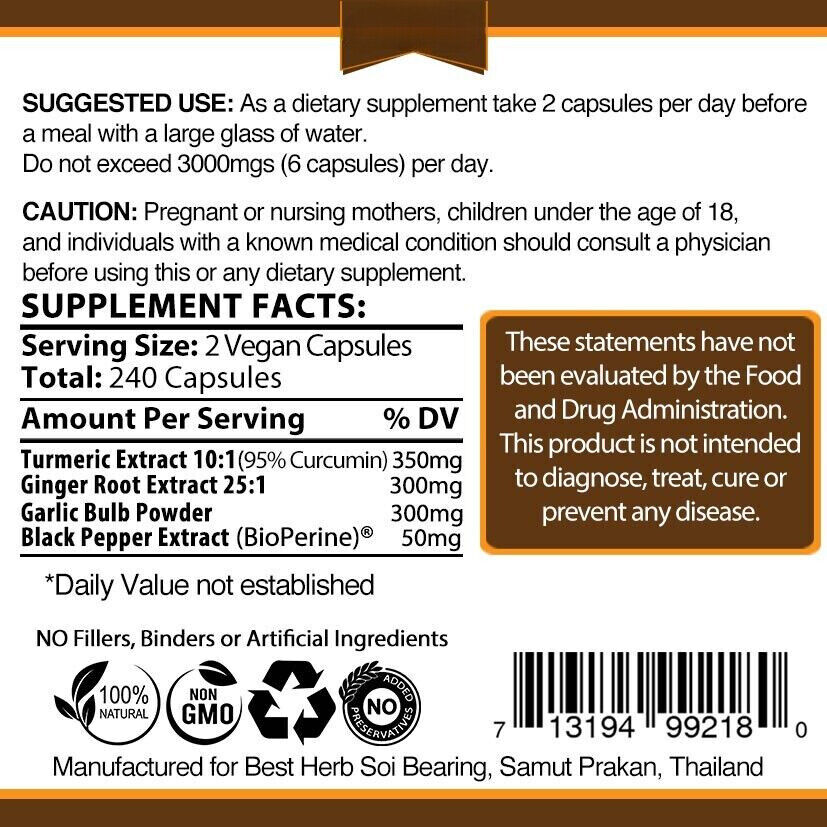 240 CAPSULES TURMERIC GINGER GARLIC BLACK PEPPER PIPERINE CURCUMIN TUMERIC PILLS Secondary image