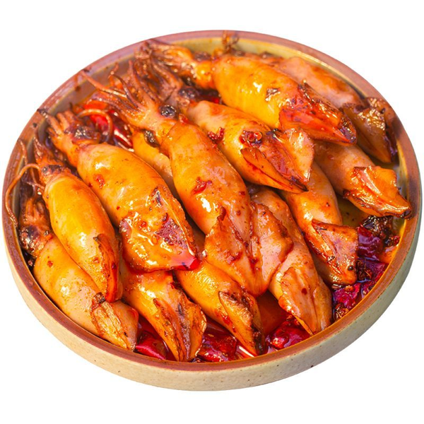 Spicy ready-to-eat seafood snack: baby octopus and octopus in glass