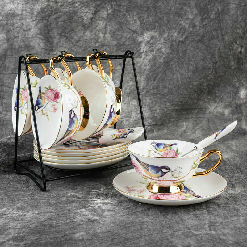 Teacup Tea set Tea Cup Flower Bird Ceramic Tea Cup Saucer Spoon Set Coffee Cup