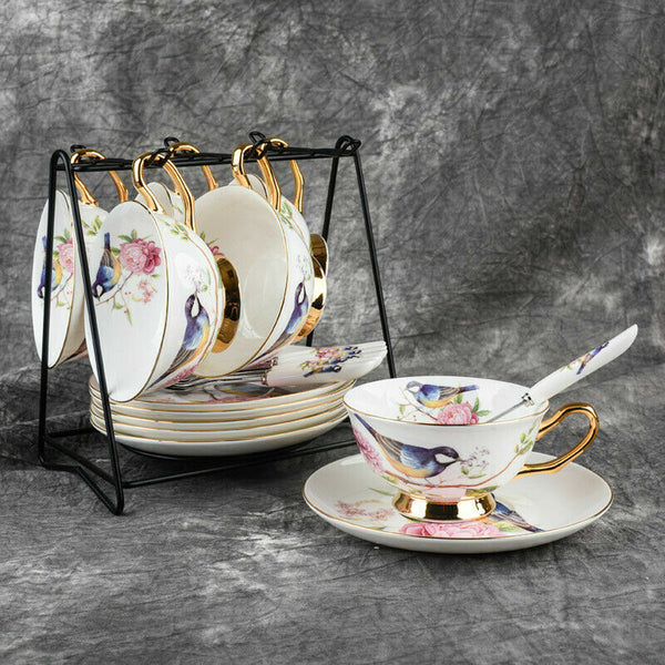 Teacup Tea set Tea Cup Flower Bird Ceramic Tea Cup Saucer Spoon Set Coffee Cup