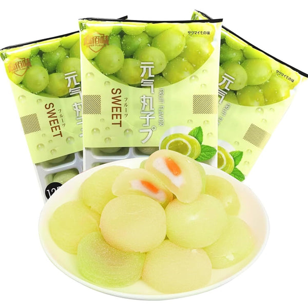 Japanese Daifuku Mochi Rice Cakes with Strawberry and Mango Sweet Dessert Snack