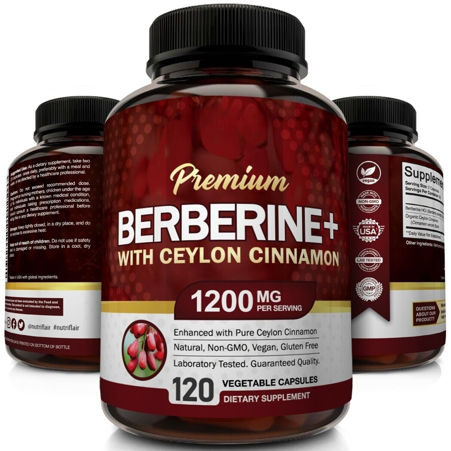 Premium Berberine HCL Pills 1200mg Plus Organic Ceylon Cinnamon - 120 Capsules Secondary image