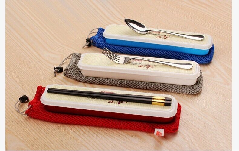 3Pcs Outdoor Portable Stainless Steel Spoon Fork Lunch Dinnerware Tableware Case