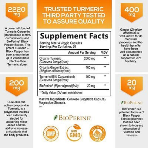 Turmeric Curcumin with Ginger - 95% Curcuminoids 2600mg Max potency w BioPerine
