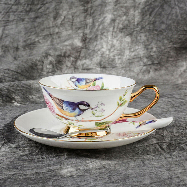 Teacup Tea set Tea Cup Flower Bird Ceramic Tea Cup Saucer Spoon Set Coffee Cup