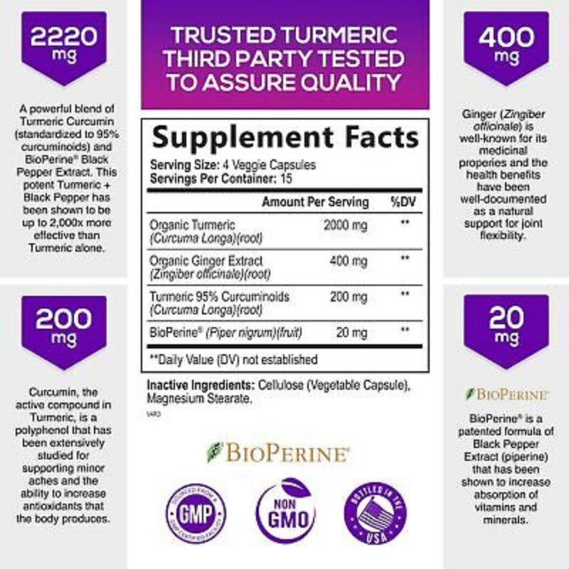 95% Curcuminoids 2600mg Max potency w BioPerine - Turmeric Curcumin with Ginger