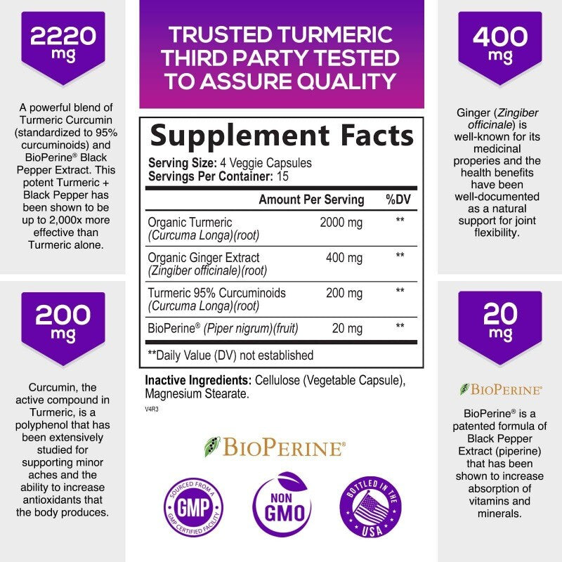 95% Curcuminoids 2600mg Max potency w BioPerine - Turmeric Curcumin with Ginger