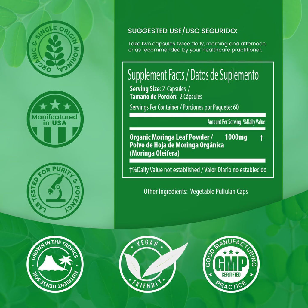Organic Moringa Capsules 100% Pure 120 Caps, Natural Energy & Immunity Boost