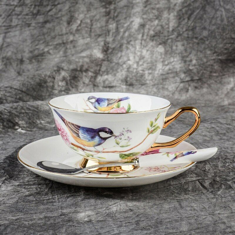 Teacup Tea set Tea Cup Flower Bird Ceramic Tea Cup Saucer Spoon Set Coffee Cup