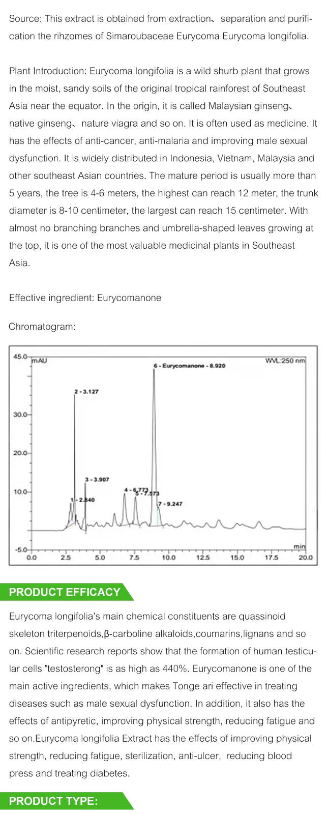 100% Natural Plant Extract Tong*kat Ali Extract 1% 2% 3% Eurycomanone