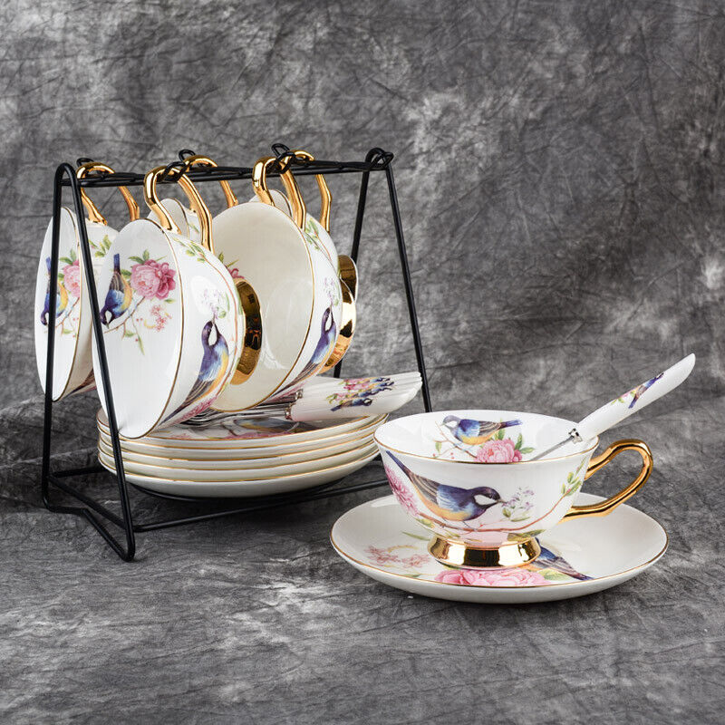Teacup Tea set Tea Cup Flower Bird Ceramic Tea Cup Saucer Spoon Set Coffee Cup