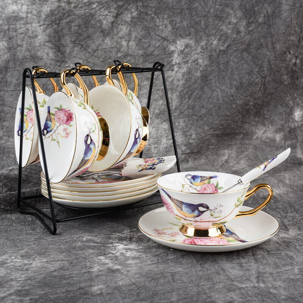 Teacup Tea set Tea Cup Flower Bird Ceramic Tea Cup Saucer Spoon Set Coffee Cup
